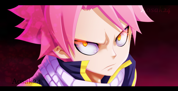 Anime picture 1280x659 with fairy tail natsu dragneel aosak24 single short hair wide image yellow eyes pink hair coloring glowing close-up face glowing eye (eyes) boy scarf