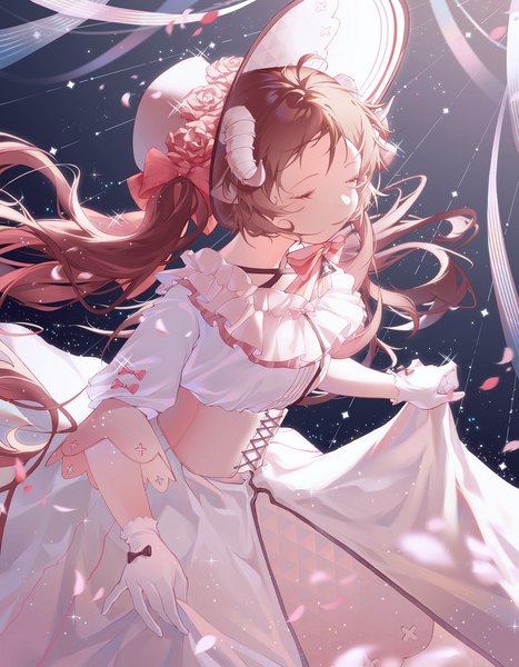 Anime-Bild 2728x3508 mit arknights ambience synesthesia eyjafjalla (arknights) ranol single long hair tall image highres brown hair twintails eyes closed horn (horns) sparkle official alternate costume girl dress gloves hat petals white gloves