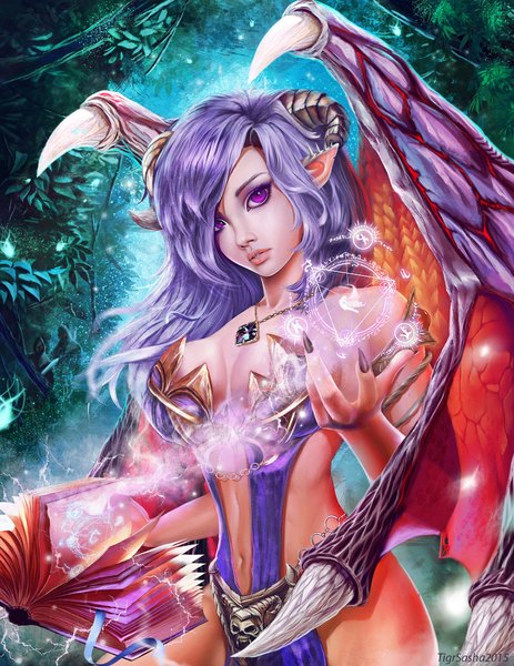 Anime picture 1666x2160 with original alexandra cvetkova single long hair tall image looking at viewer fringe breasts light erotic large breasts standing purple eyes bare shoulders signed cleavage purple hair horn (horns) fingernails pointy ears bare belly