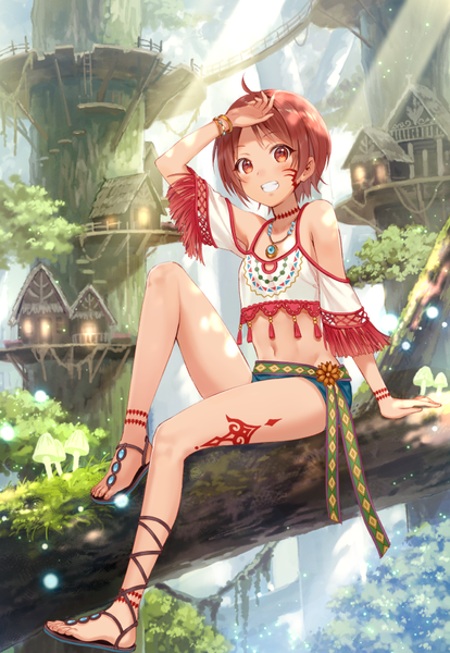 Anime picture 622x900 with original fukahire (ruinon) single tall image looking at viewer blush short hair smile red eyes sitting bare shoulders full body ahoge bent knee (knees) outdoors red hair arm up sunlight off shoulder wide sleeves