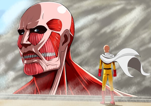 Anime picture 4600x3253 with shingeki no kyojin one-punch man production i.g madhouse bertolt hoover saitama (one-punch man) colossal titan highres blue eyes standing looking away absurdres multiple boys teeth crossover bald superhero boy gloves 2 boys