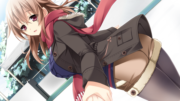Anime picture 1280x720 with angenehm platz nana natsuki long hair looking at viewer fringe open mouth smile hair between eyes brown hair wide image purple eyes game cg outdoors open clothes mole dutch angle mole under eye turning head holding hands pov
