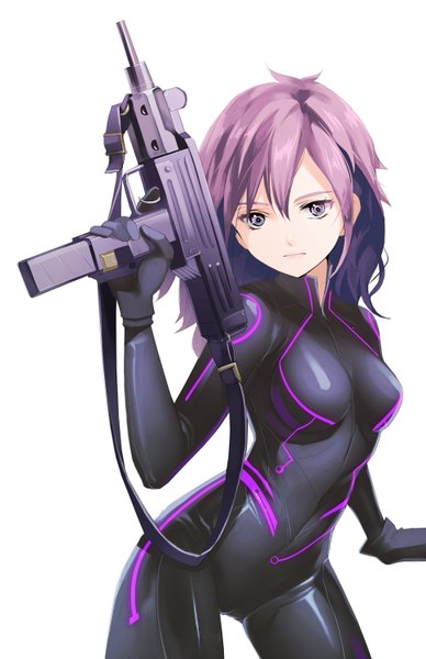 Anime picture 970x1500 with original pourelise single long hair tall image looking at viewer simple background standing white background pink hair pink eyes girl gloves weapon black gloves gun bodysuit suit