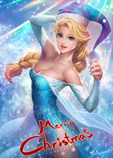 Anime picture 800x1111 with frozen (disney) disney elsa (frozen) nudtawut thongmai single tall image looking at viewer breasts blue eyes light erotic blonde hair smile bare shoulders signed nail polish lips realistic fur trim christmas merry christmas