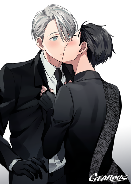 Anime picture 900x1261 with yuri!!! on ice mappa viktor nikiforov katsuki yuuri gearous tall image blush fringe short hair black hair simple background hair between eyes white background signed looking away silver hair upper body eyes closed from behind multiple boys