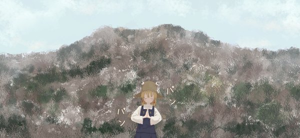 Аниме картинка 1074x496 с touhou мория сувако yushika один (одна) короткие волосы светлые волосы широкое изображение небо закрытые глаза зима гора (горы) сложив руки девушка шляпа