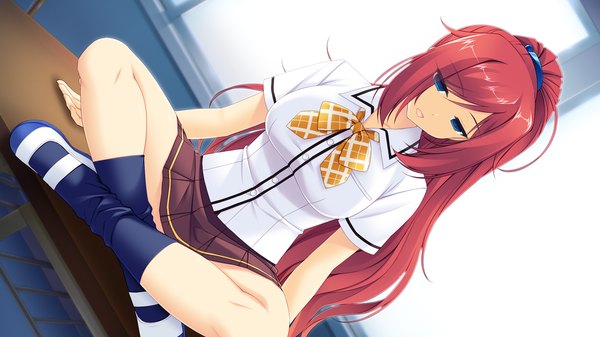 Anime picture 1280x720 with saimin enbu honami honoka sayori single long hair looking at viewer blush breasts open mouth blue eyes wide image large breasts sitting game cg ponytail red hair crossed legs girl skirt uniform