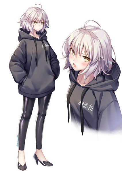 Anime picture 707x1000 with fate (series) fate/grand order jeanne d'arc (fate) (all) jeanne d'arc alter (fate) geroro tall image looking at viewer blush fringe short hair open mouth simple background hair between eyes standing white background signed yellow eyes looking away silver hair ahoge