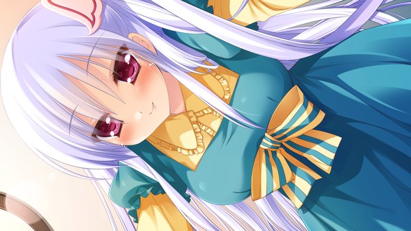 Anime picture 1280x720 with hyper highspeed genius hhg megami no shuuen akechi hikari long hair blush smile red eyes wide image game cg white hair one side up girl dress hair ornament bow