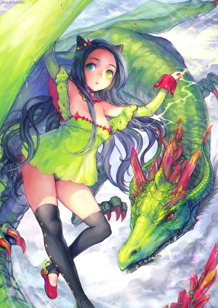 Anime picture 818x1158 with original jit single long hair tall image looking at viewer light erotic black hair horn (horns) heterochromia fantasy girl thighhighs dress black thighhighs dragon green dress