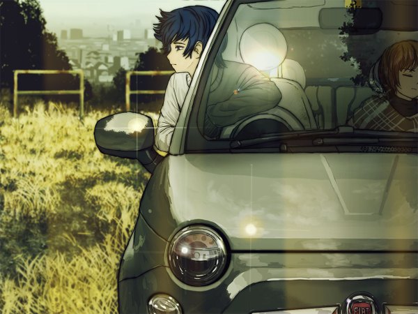 Anime picture 1240x930 with vocaloid kaito (vocaloid) meiko horuda blue eyes brown hair blue hair eyes closed couple sleeping casual product placement girl ground vehicle car