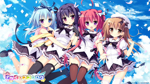 Anime picture 1920x1080 with natsuiro kokoro log tokiwa kuon nagi kisara nanakuni kotone ominae rin shiromochi sakura long hair blush highres open mouth black hair red eyes brown hair wide image twintails purple eyes multiple girls brown eyes blue hair sky