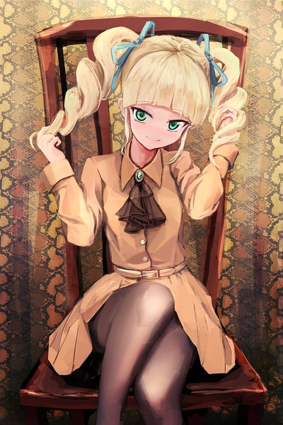 Anime picture 1192x1788 with aikatsu! toudou yurika efl ite single long hair tall image looking at viewer fringe blonde hair smile sitting twintails green eyes payot blunt bangs drill hair playing with hair girl dress ribbon (ribbons)