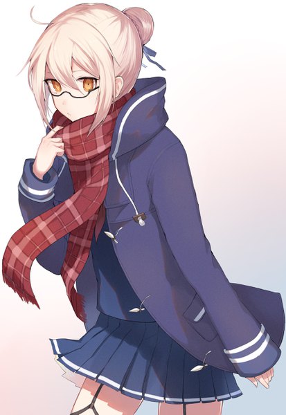 Anime picture 1731x2513 with fate (series) fate/grand order artoria pendragon (all) mysterious heroine x (alter) (fate) mysterious heroine x alter (first ascension) (fate) shibainu shiba inu (happy13227) single tall image fringe highres short hair blonde hair simple background hair between eyes yellow eyes ahoge pleated skirt open jacket hair bun (hair buns)