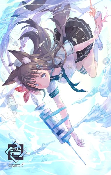 Anime picture 1000x1572 with mosina eat0123 single long hair tall image looking at viewer fringe breasts blue eyes brown hair large breasts white background animal ears cleavage bent knee (knees) tail parted lips animal tail pleated skirt fingernails