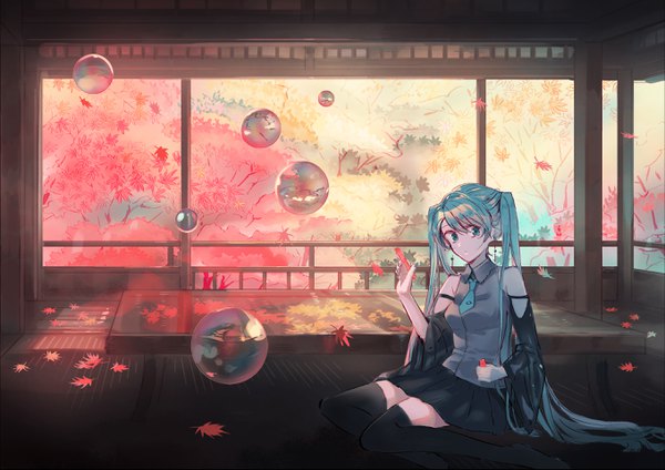 Anime picture 2716x1920 with vocaloid hatsune miku somei single highres sitting twintails holding indoors very long hair aqua eyes aqua hair yokozuwari autumn girl thighhighs black thighhighs detached sleeves earrings leaf (leaves)