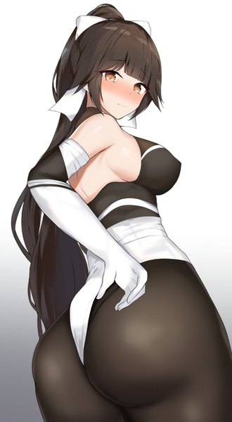 Anime picture 752x1365 with azur lane takao (azur lane) takao (full throttle charmer) (azur lane) houraku single long hair tall image looking at viewer blush fringe breasts light erotic black hair simple background standing brown eyes payot ass ponytail blunt bangs