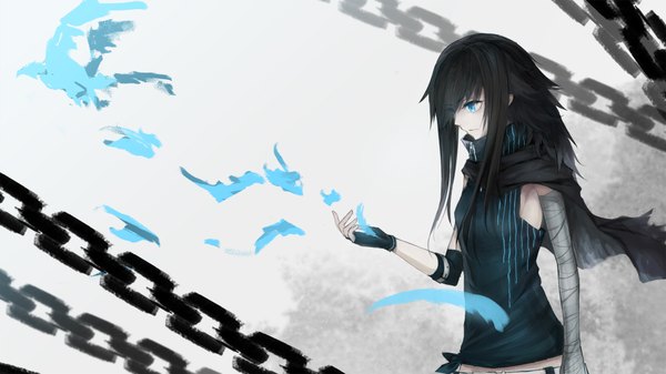 Anime picture 1920x1080 with original mek single long hair highres blue eyes black hair wide image profile looking down girl gloves animal fingerless gloves bird (birds) cape chain feather (feathers) bandage (bandages)
