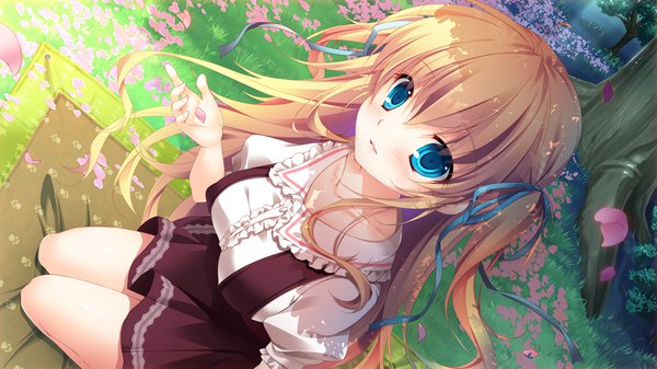 Anime picture 1280x720 with hime-sama love life! ruria von dina mikeou single long hair looking at viewer blush blue eyes blonde hair wide image twintails game cg from above girl dress ribbon (ribbons) plant (plants) hair ribbon petals tree (trees)