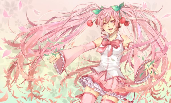 Anime picture 1500x900 with vocaloid hatsune miku sakura miku ao+beni single long hair hair between eyes wide image twintails pink hair pink eyes girl thighhighs bow detached sleeves food leaf (leaves) microphone berry (berries) cherry