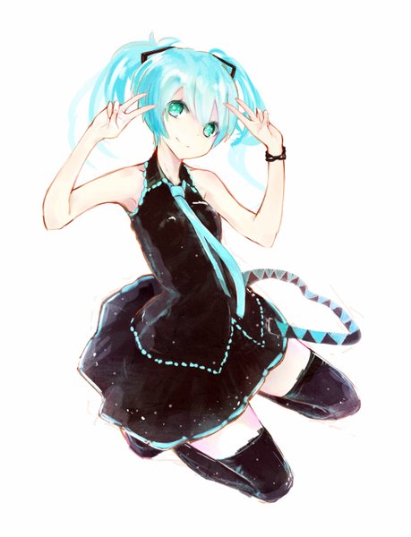 Anime picture 1080x1412 with vocaloid hatsune miku kojiki-life single tall image short hair simple background smile white background twintails bare shoulders green eyes aqua hair victory alternate hairstyle alternate hair length girl bracelet thigh boots