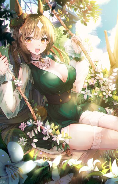 Anime picture 990x1535 with umamusume satono diamond pistachiocream single long hair tall image looking at viewer blush fringe breasts open mouth light erotic smile brown hair large breasts sitting holding signed animal ears sky