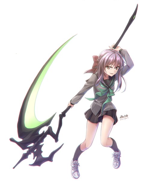 Anime picture 853x1000 with owari no seraph wit studio hiiragi shinoa morigami (morigami no yashiro) single long hair tall image looking at viewer fringe simple background smile standing white background holding brown eyes signed pink hair bent knee (knees) braid (braids) parted lips