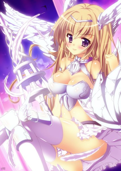 Anime picture 1133x1600 with original natsumiya yuzu single long hair tall image blush breasts light erotic blonde hair brown eyes pantyshot girl thighhighs weapon miniskirt white thighhighs wings armor feather (feathers)