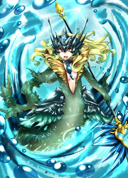 Anime picture 1092x1520 with league of legends nami (league of legends) kaho single long hair tall image open mouth red eyes tail green hair fish tail girl staff mermaid
