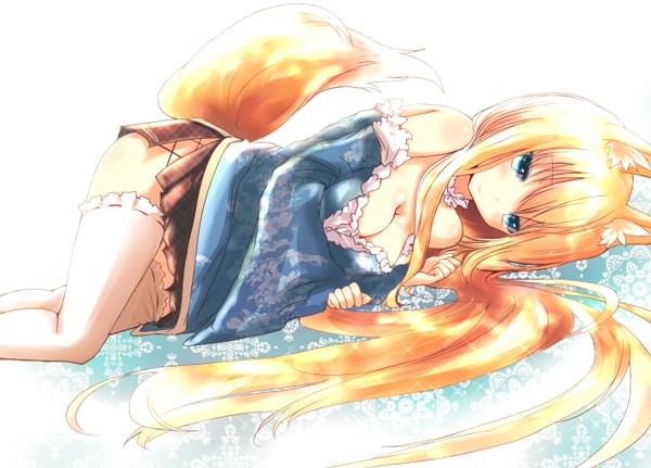 Anime picture 1424x1024 with original naomi (sekai no hate no kissaten) long hair breasts blue eyes light erotic blonde hair lying fox ears fox tail fox girl girl thighhighs skirt miniskirt white thighhighs