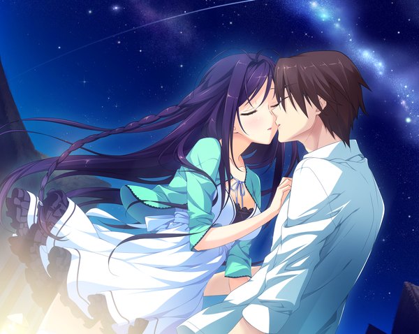 Anime picture 3060x2440 with koisuru natsu no last resort kouzaki umi marui (koedame) long hair highres short hair black hair wide image blue hair absurdres game cg eyes closed night couple almost kiss girl dress boy