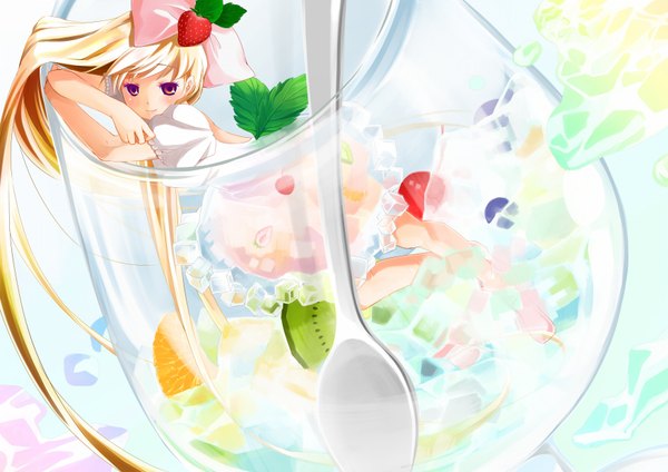 Anime picture 1753x1240 with original ahira yuzu single long hair highres blonde hair smile red eyes girl dress food berry (berries) strawberry spoon