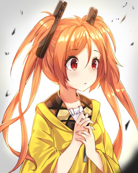 Anime picture 1280x1600 with black bullet kinema citrus aihara enju ginon (sjyh3466) single long hair tall image blush red eyes standing twintails looking away orange hair grey background girl hair ornament
