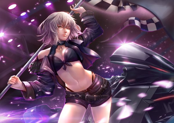 Anime-Bild 4961x3508 mit fate (series) fate/grand order jeanne d'arc (fate) (all) jeanne d'arc alter (fate) sekaizero single looking at viewer highres short hair breasts light erotic yellow eyes absurdres silver hair lips realistic open jacket midriff girl navel