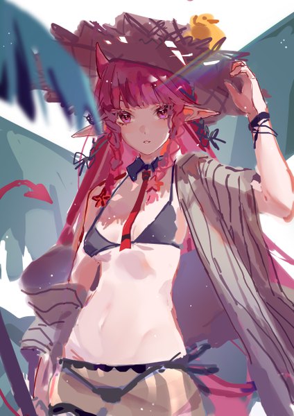 Anime picture 3508x4961 with arknights vigna (arknights) vigna (casual vacation) (arknights) 9degree single long hair tall image fringe highres light erotic standing pink hair absurdres blunt bangs braid (braids) pink eyes horn (horns) pointy ears twin braids official alternate costume