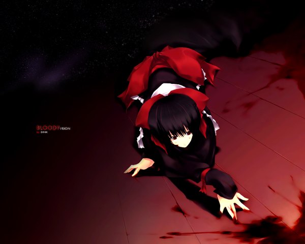 Anime picture 1280x1024 with original abimaru dinik single fringe short hair black hair red eyes signed night night sky third-party edit girl uniform bow hair bow blood star (stars) armband