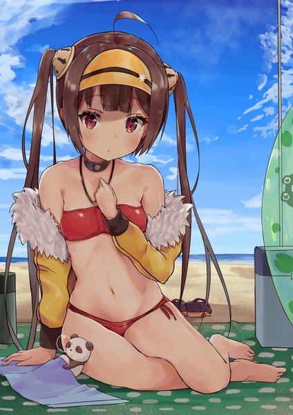 Anime picture 904x1280 with azur lane ping hai (azur lane) ping hai (merry summer) (azur lane) racchi. single long hair tall image looking at viewer blush fringe light erotic red eyes brown hair sitting twintails payot sky cloud (clouds) ahoge barefoot
