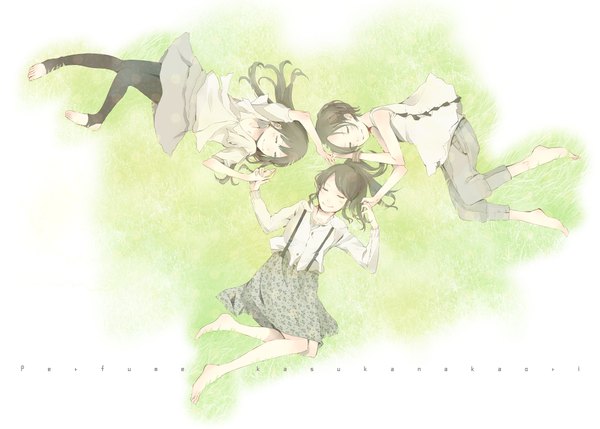 Anime picture 1900x1361 with perfume (group) ayano omoto (nocchi) yuka kashino (kashiyuka) ayaka ishiwaki (a-chan) yoshito (u10) long hair highres short hair brown hair multiple girls ponytail lying eyes closed barefoot light smile inscription holding hands sleeping girl plant (plants)