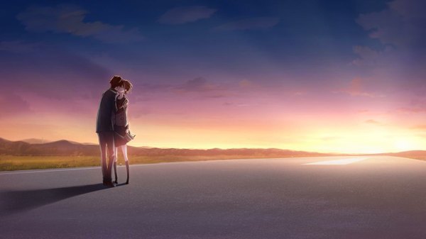 Anime picture 1280x720 with robotics;notes production i.g senomiya akiho yashio kaito tagme (artist) short hair brown hair wide image standing sky couple hug evening sunset face to face kiss morning sunrise girl boy
