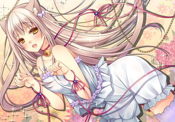 Anime picture 1295x906 with original cocoa (cafe-hotcocoa) single long hair looking at viewer blush open mouth blonde hair bare shoulders animal ears yellow eyes tail animal tail cat ears cat girl cat tail paw pose girl dress flower (flowers)