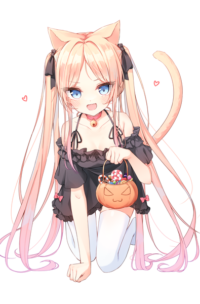 Anime picture 1000x1520 with original beliatan single tall image looking at viewer open mouth blue eyes blonde hair twintails animal ears tail very long hair :d animal tail cat ears cat girl cat tail halloween on all fours bell collar