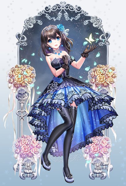 Anime picture 745x1100 with idolmaster idolmaster cinderella girls idolmaster cinderella girls starlight stage sagisawa fumika esphy single long hair tall image looking at viewer blush fringe breasts open mouth blue eyes black hair smile hair between eyes standing bare shoulders cleavage