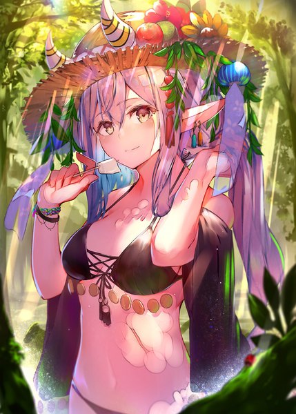 Anime picture 1217x1701 with original enj! single long hair tall image looking at viewer blush fringe breasts light erotic hair between eyes standing bare shoulders holding brown eyes payot silver hair outdoors multicolored hair horn (horns)