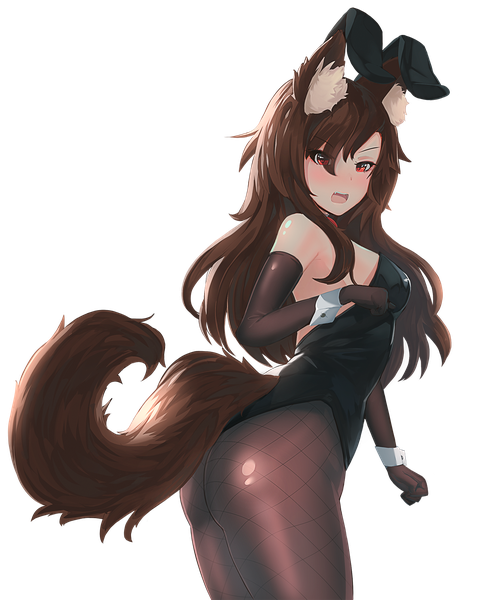 Anime picture 1344x1651 with touhou imaizumi kagerou ehrrr single long hair tall image looking at viewer breasts open mouth light erotic red eyes brown hair animal ears tail animal tail bunny ears transparent background wolf ears wolf tail wolf girl