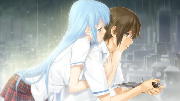 Anime picture 1280x720 with bishoujo mangekyou (game) omega star sawatari shizuku happoubi jin long hair short hair brown hair wide image yellow eyes blue hair game cg couple rain girl boy uniform hair ornament school uniform shirt hairclip