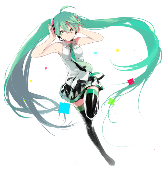 Anime picture 1200x1267 with vocaloid hatsune miku 249 df=6 single tall image fringe simple background smile hair between eyes white background twintails full body ahoge very long hair aqua eyes aqua hair sleeveless hands on head girl