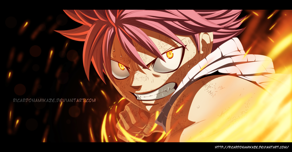 Anime picture 3000x1565 with fairy tail natsu dragneel ricardonamikaze single highres short hair wide image yellow eyes pink hair sweat sleeveless grin coloring magic close-up muscle angry boy scarf fire