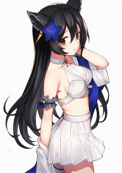 Anime picture 992x1403 with granblue fantasy nier (granblue fantasy) gin00 single long hair tall image looking at viewer blush fringe breasts light erotic black hair simple background hair between eyes red eyes standing white background animal ears payot pleated skirt