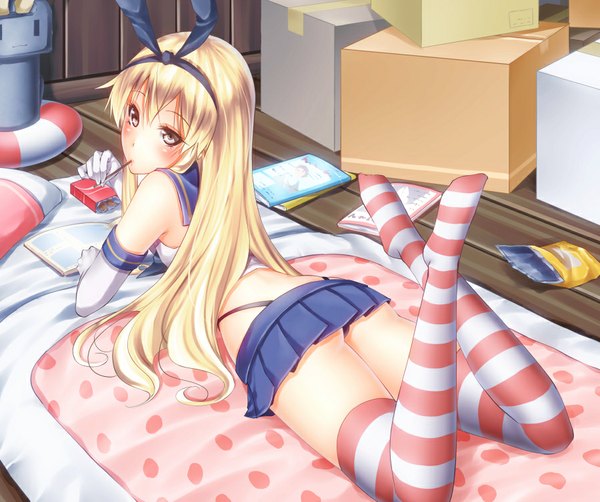 Anime picture 900x754 with kantai collection shimakaze destroyer noppi (noppi 98) single long hair looking at viewer blush light erotic blonde hair on stomach silver eyes girl thighhighs skirt gloves underwear panties miniskirt elbow gloves striped thighhighs