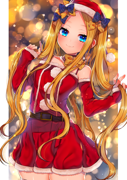 Anime picture 1200x1697 with fate (series) fate/grand order abigail williams (fate) akirannu single long hair tall image looking at viewer blush fringe blue eyes blonde hair smile standing twintails bare shoulders payot fur trim sleeves past wrists christmas